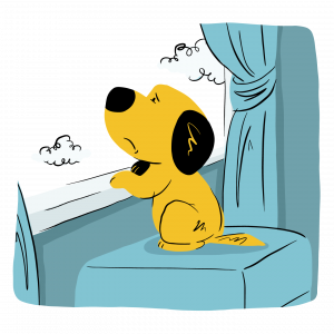 Cartoon drawing of sad dog looking out the window