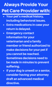 A list of items to always provide to pet care provider.