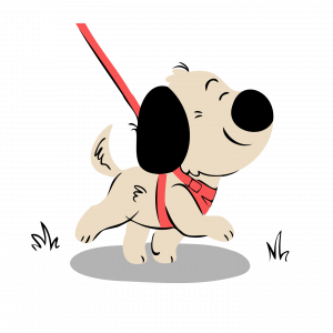 Cartoon of a happy dog wearing a harness, walking on a leash.
